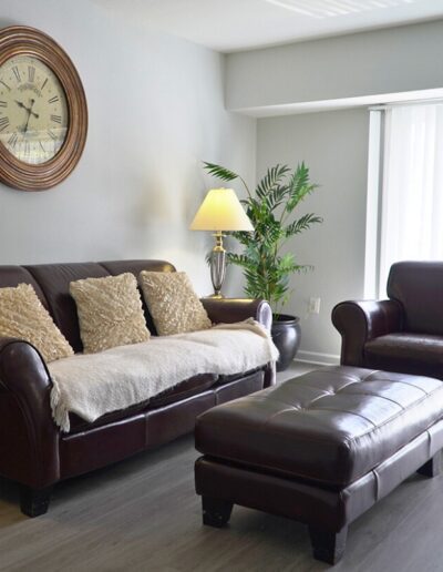 A cozy living room featuring a dark brown leather sofa with decorative pillows, a matching ottoman and armchair, a lamp, a wall clock, and potted plants.