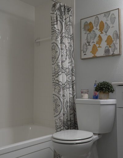 A small, tidy bathroom with a patterned shower curtain, a white toilet, and a framed leaf artwork on the wall. decorative items are placed on the toilet tank.