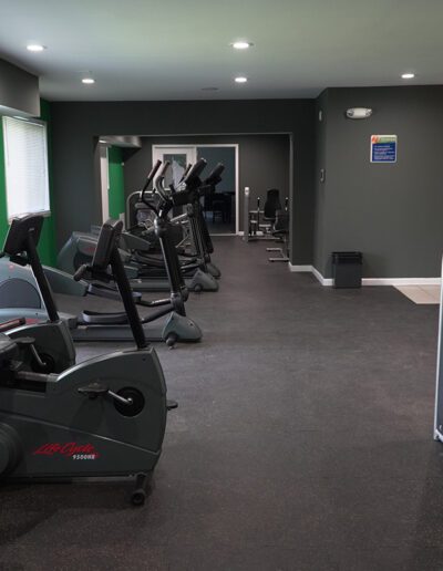 A modern gym interior with various exercise machines including treadmills and ellipticals, featuring green accents and grey walls, with mirrors on the far end.